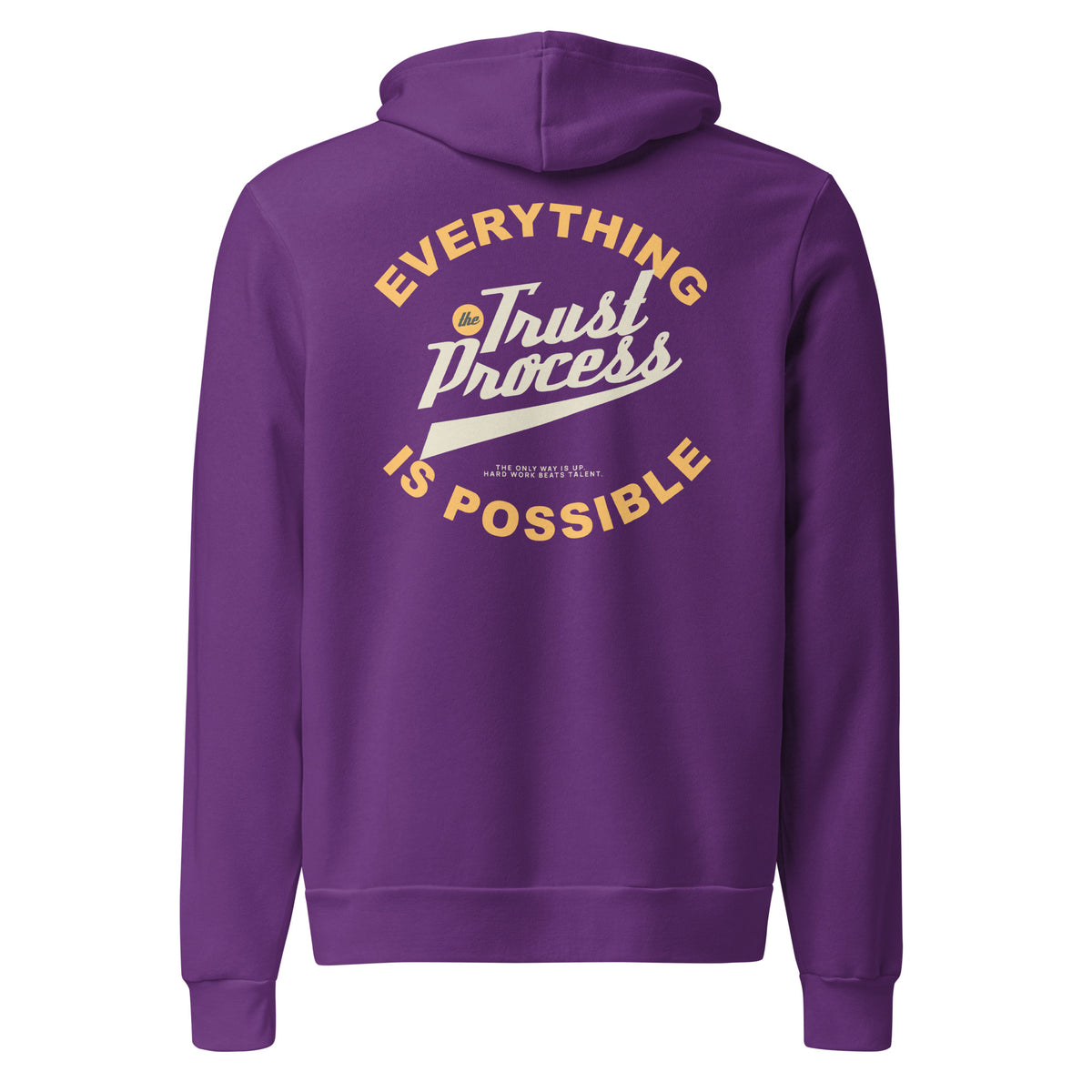 A purple hoodie shown from the back, featuring a large graphic print with the words 'EVERYTHING Trust Process IS POSSIBLE' in yellow and white.