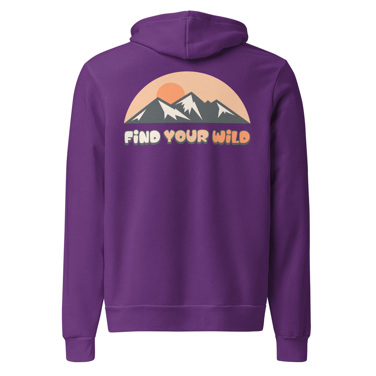 A purple pullover hoodie shown from the back, featuring a mountain graphic with a sunset and the text 'FIND YOUR WILD' across the upper back.