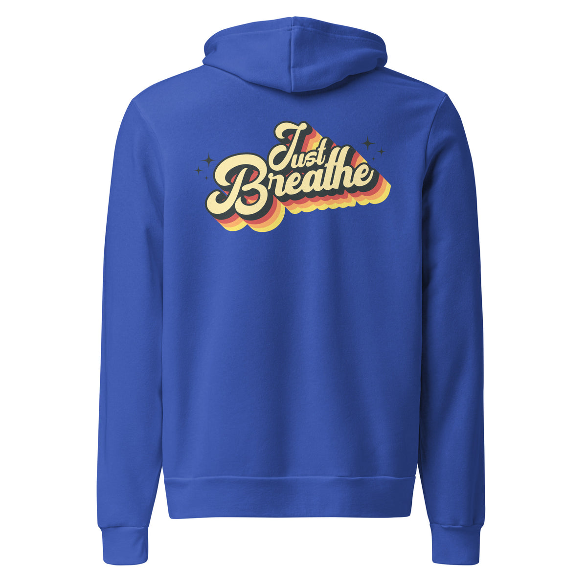A royal blue hoodie shown from the back, featuring a retro-style graphic with the words 'Just Breathe' in cream and yellow with orange and yellow cloud-like shadows.