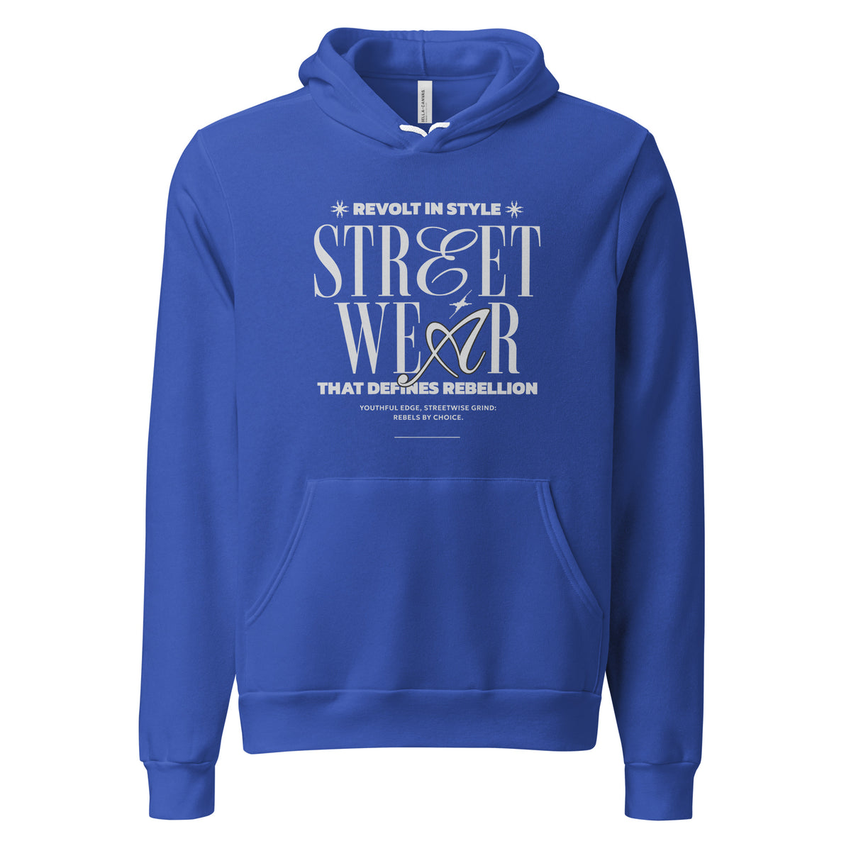 A royal blue pullover hoodie with a white graphic print on the chest reading 'REVOLT IN STYLE STREET WEAR THAT DEFIES REBELLION' on a plain white background.