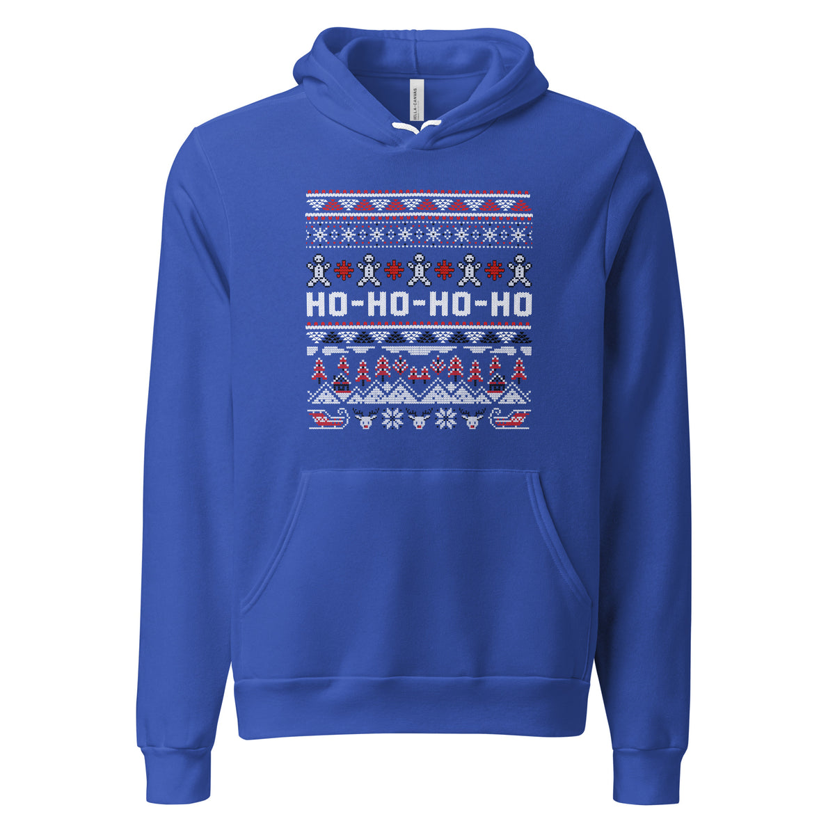 A royal blue pullover hoodie featuring a festive Christmas sweater-style graphic on the chest with the text 'HO-HO-HO-HO' in white, red, and blue, along with snowflake and tree motifs.