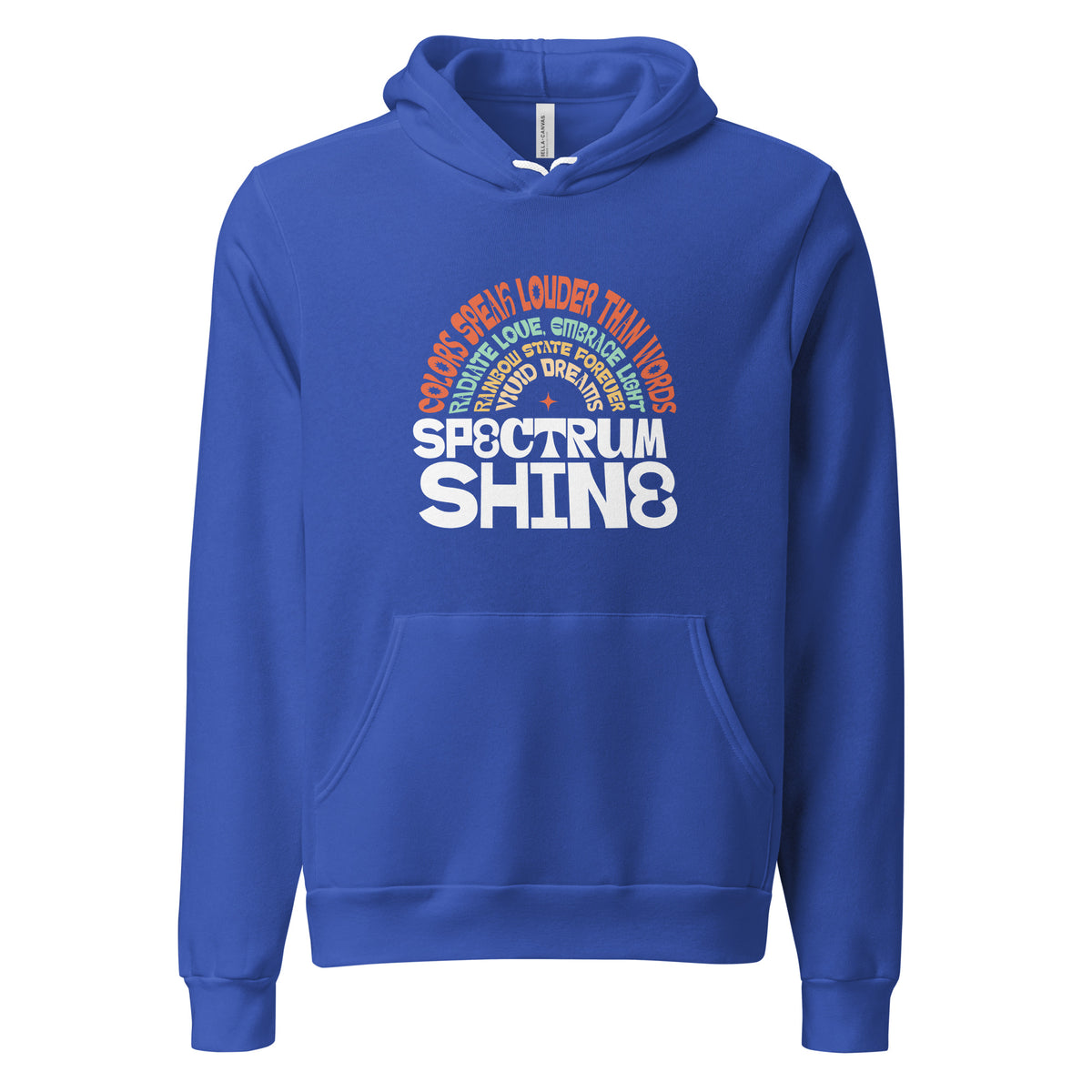 A royal blue pullover hoodie with a graphic print on the chest. The graphic features the text 'SPECTRUM SHINE' in white, with 'SPECTRUM' in a semi-transparent arch over a circular multicolor graphic containing orange, yellow, and green text.