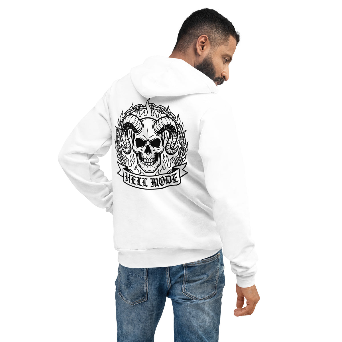A man wearing a white hoodie from the back, featuring a large black graphic of a skull with horns and the text 'HELL OR MODE' on the back, paired with blue jeans against a plain white background.