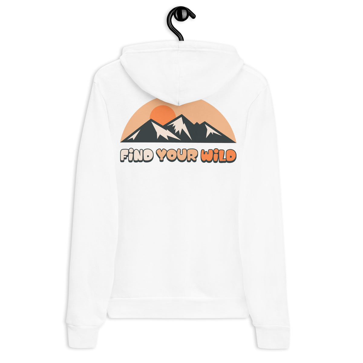 A white long-sleeve hoodie hanging on a black hanger, showing the back with a graphic of a mountain sunset and the text 'FIND YOUR WILD'.