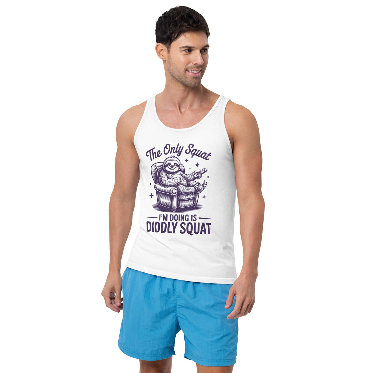 A man wearing a white tank top with a humorous sloth graphic and the text 'The Only Squat The Only Diddly Squat' paired with bright blue shorts, set against a plain white background.