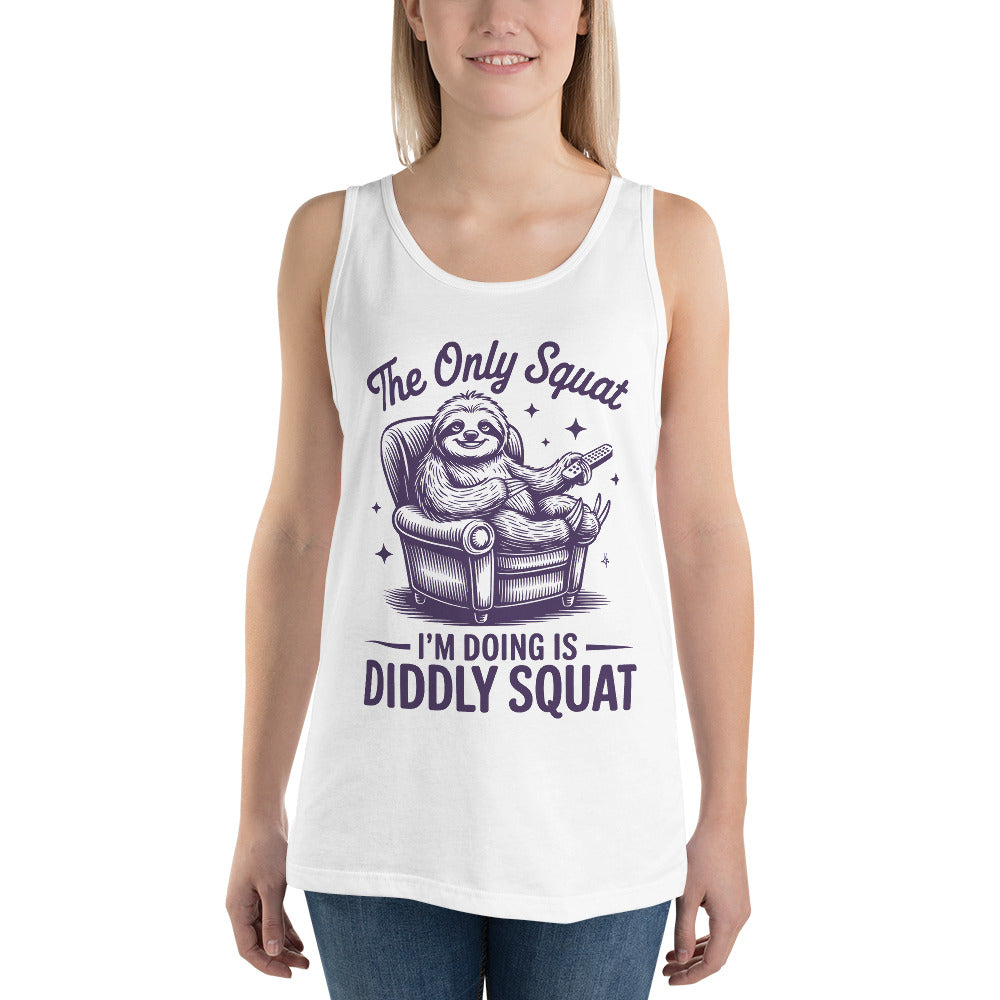 A woman wearing a white sleeveless tank top with a dark purple graphic of a sloth sitting in an armchair and the text 'The Only Squat I'm Doing Is Diddly Squat'.